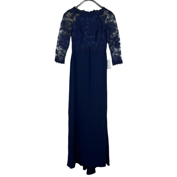 TADASHI SHOJI ART2132LX PEONY LACE ROYAL NAVY EMBROIDERED STRETCH CREPE GOWN - Picture 3 of 16